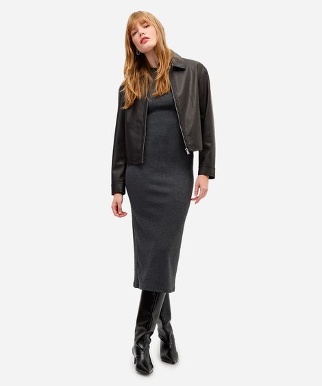 vestido midi feminino manga curta canelado cinza