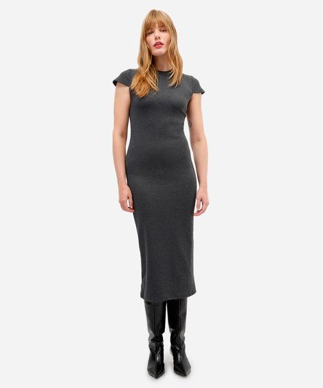 vestido midi feminino manga curta canelado cinza