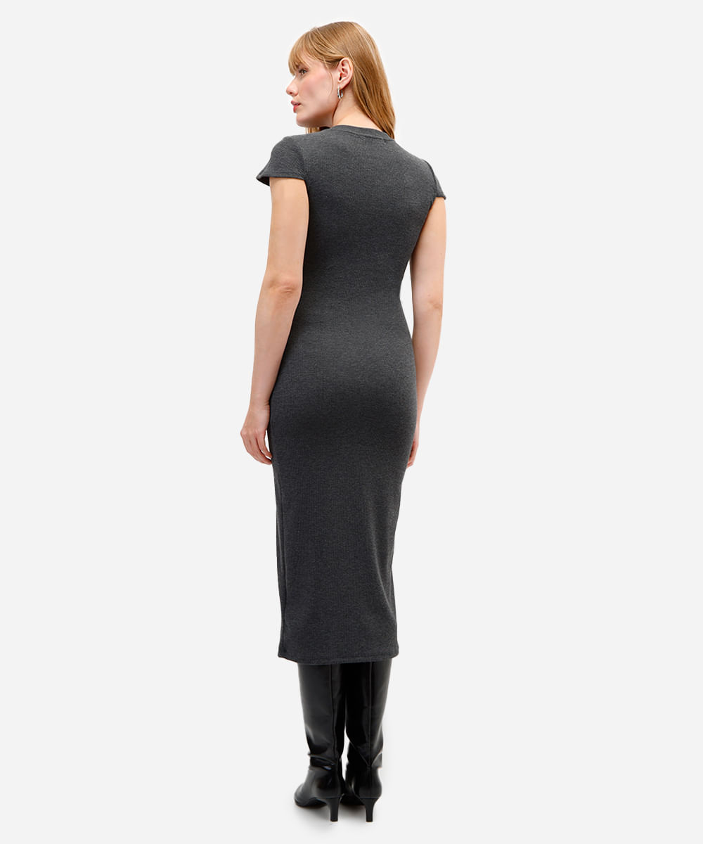 vestido midi feminino manga curta canelado cinza