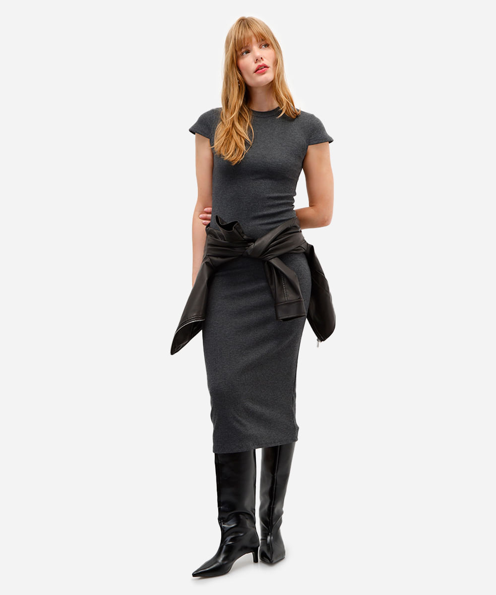 vestido midi feminino manga curta canelado cinza