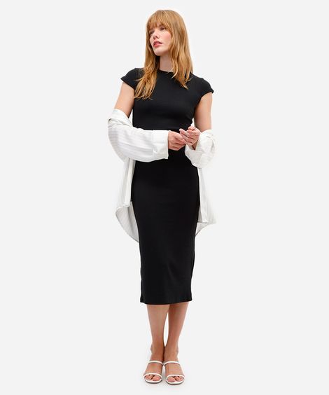 vestido midi feminino manga curta canelado preto