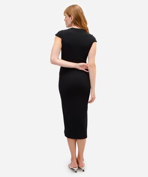 vestido midi feminino manga curta canelado preto