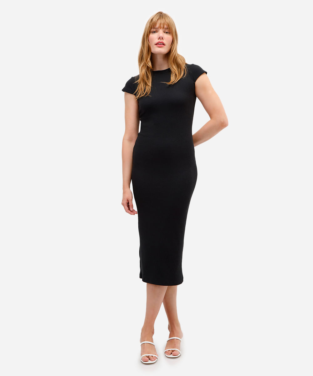 vestido midi feminino manga curta canelado preto