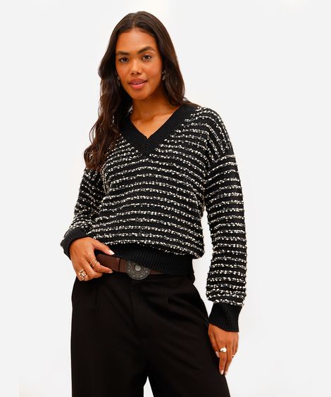suéter feminino de tricot texturizado listrado preto