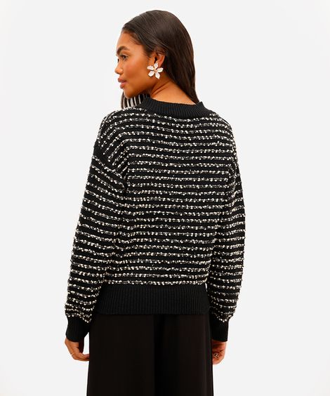 suéter feminino de tricot texturizado listrado preto