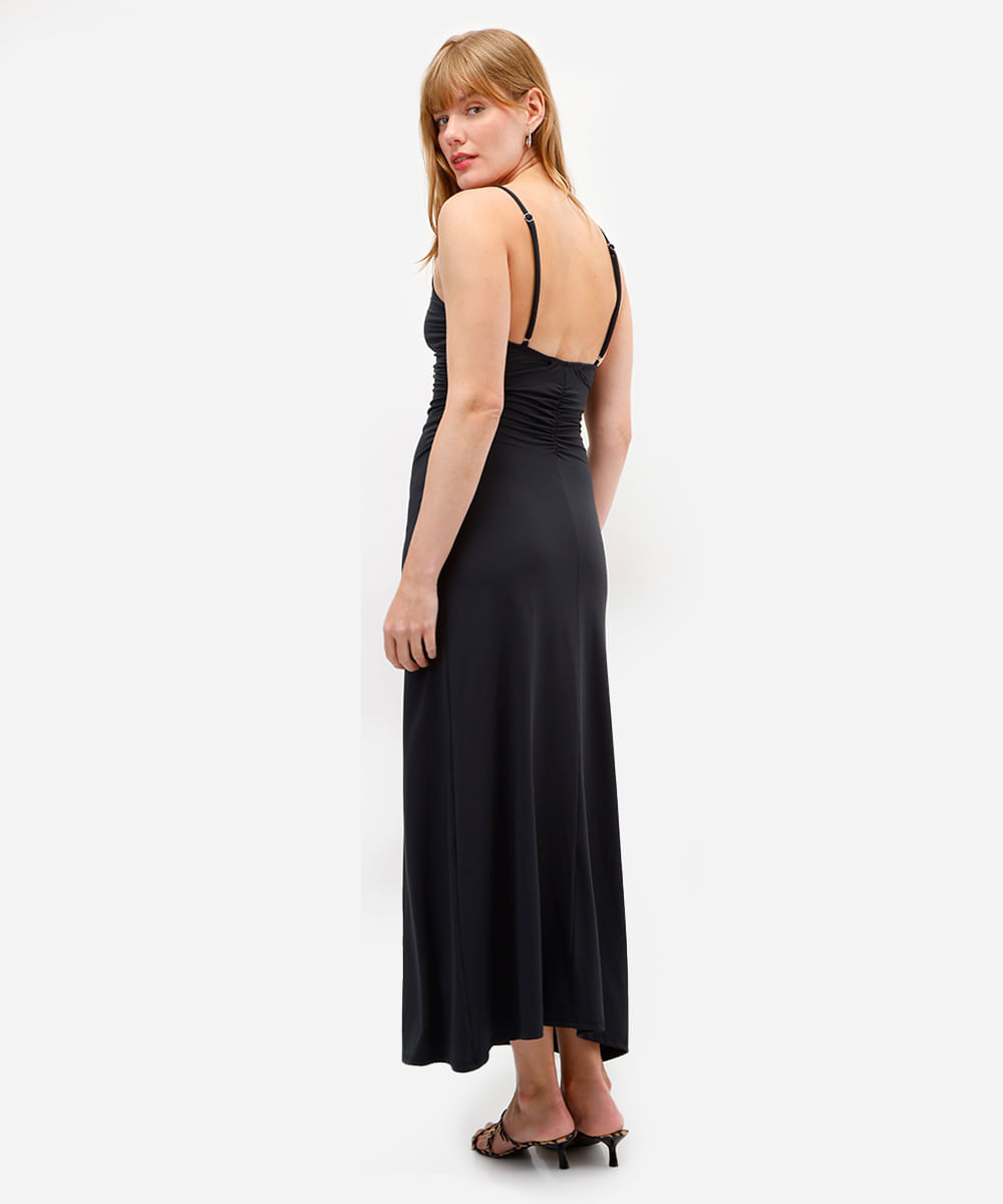vestido longo feminino franzido alça fina preto
