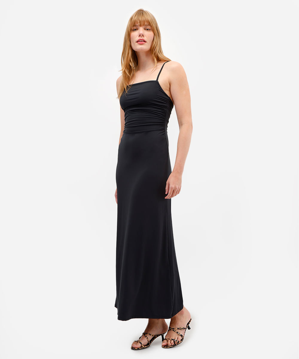 vestido longo feminino franzido alça fina preto