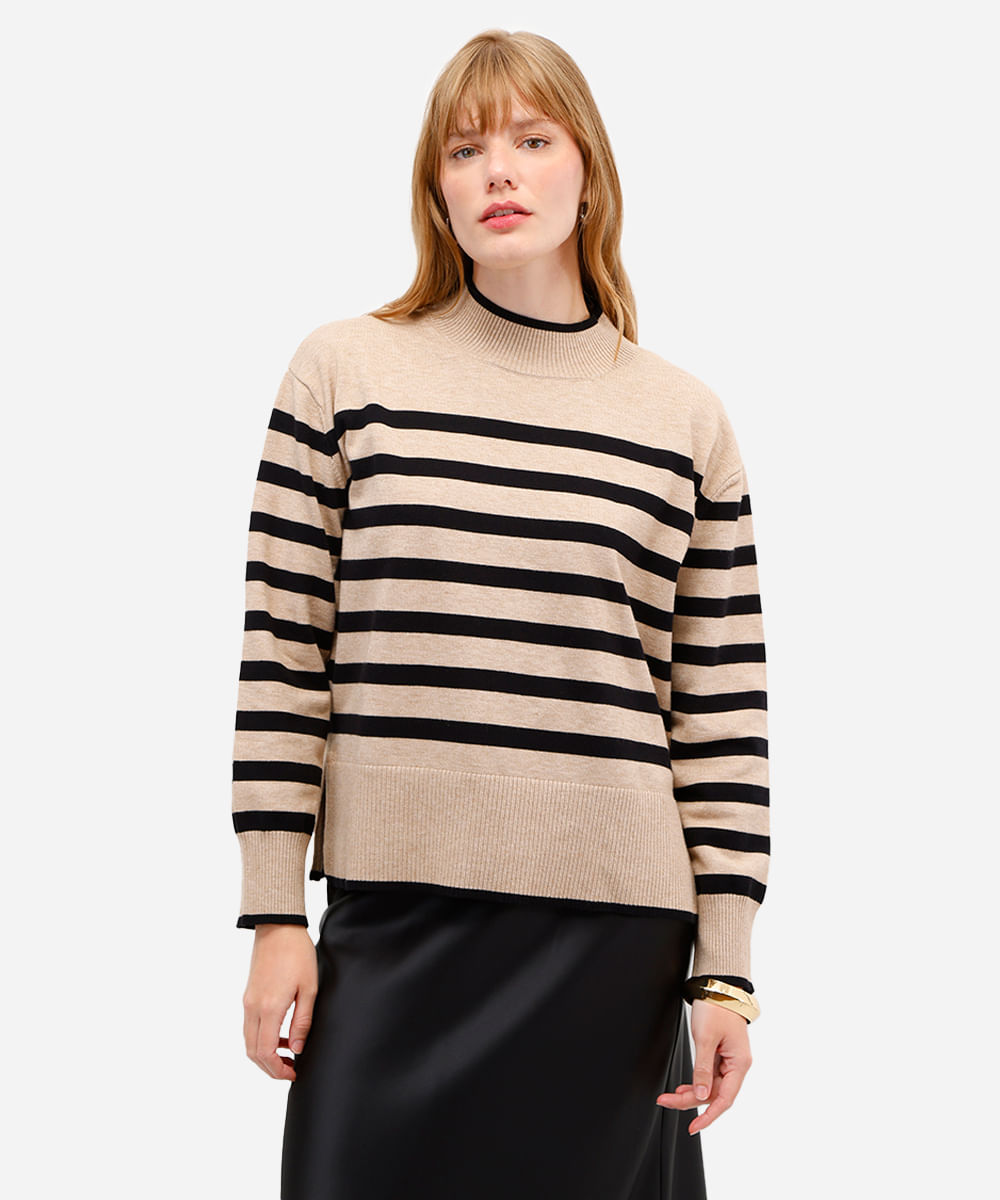 suéter feminino de tricot manga longa listrado