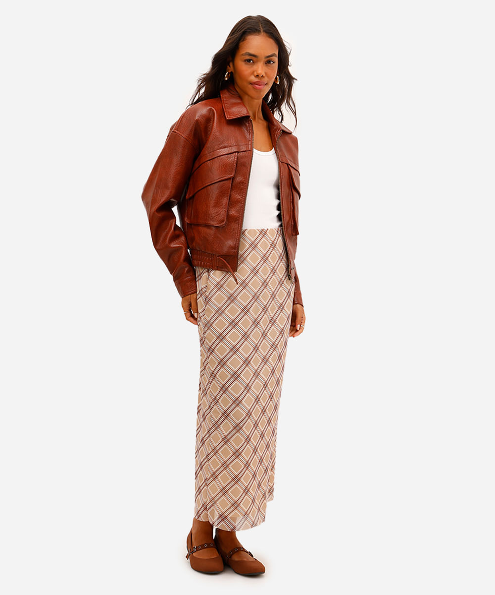 saia midi feminina de tule xadrez bege