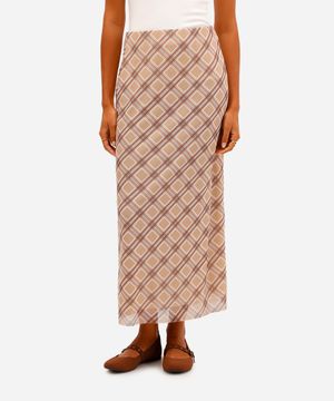 saia midi feminina de tule xadrez bege