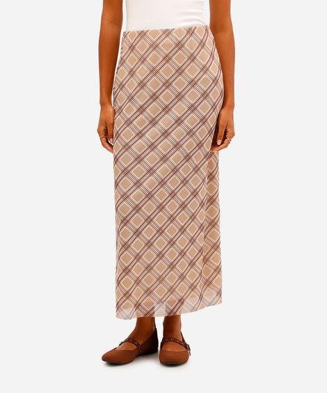 saia midi feminina de tule xadrez bege