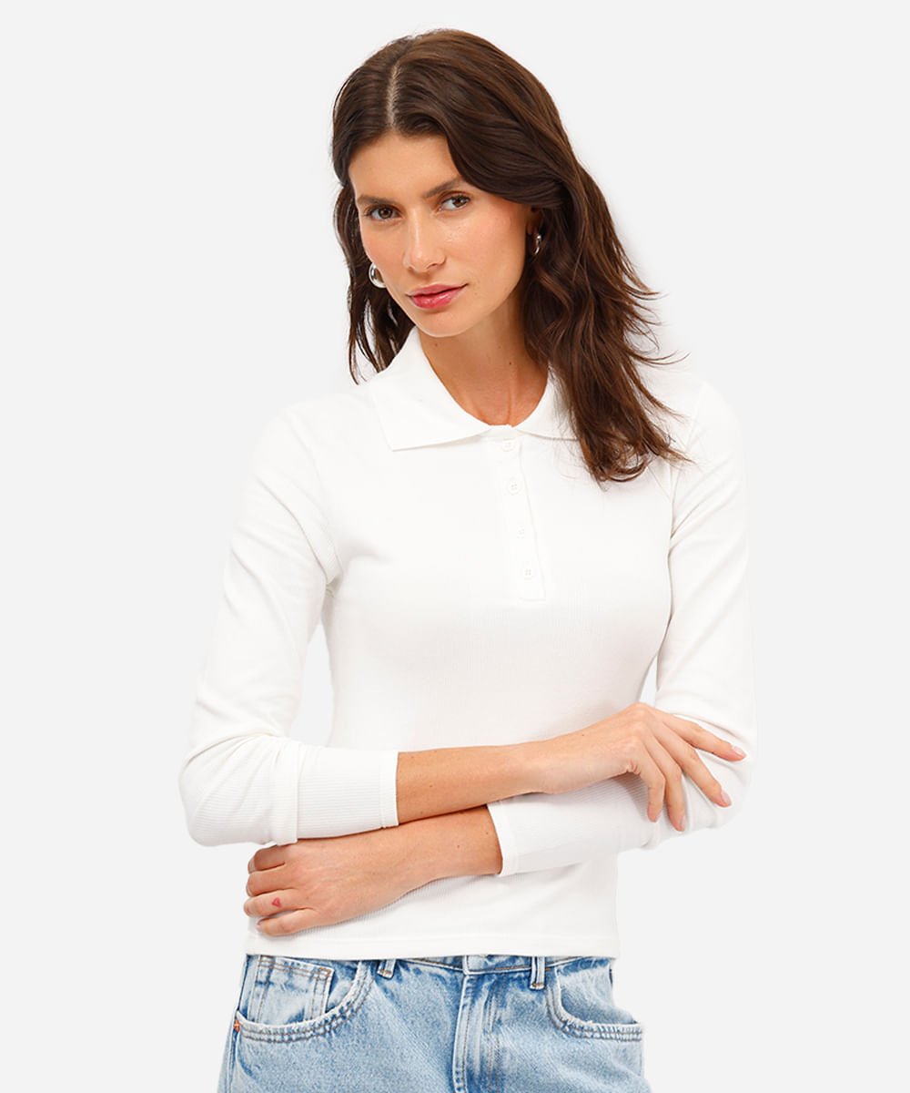 polo feminina de algodão manga longa canelada off white