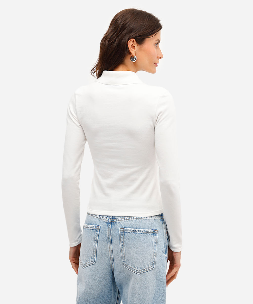 polo feminina de algodão manga longa canelada off white