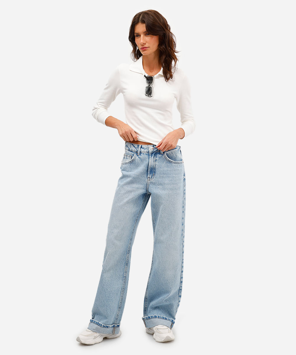 polo feminina de algodão manga longa canelada off white