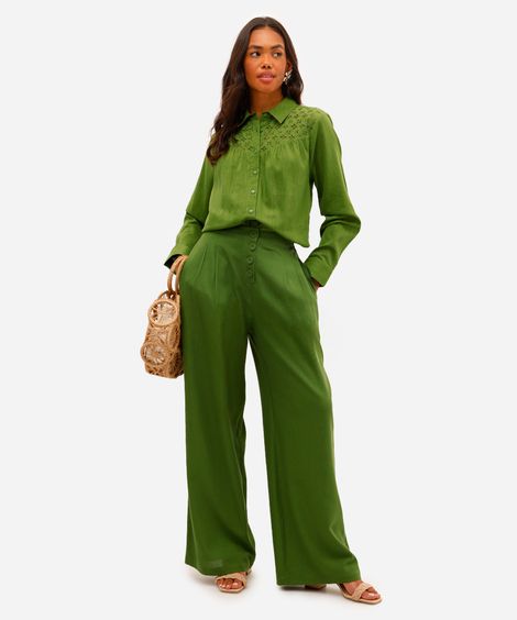 calça pantalona feminina com linho cós elástico verde