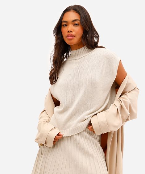 blusa feminina de tricot gola alta bege