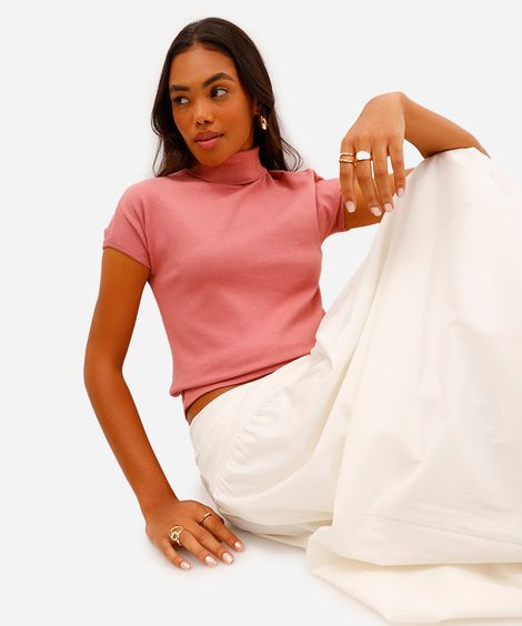 blusa feminina de algodão gola alta rosa