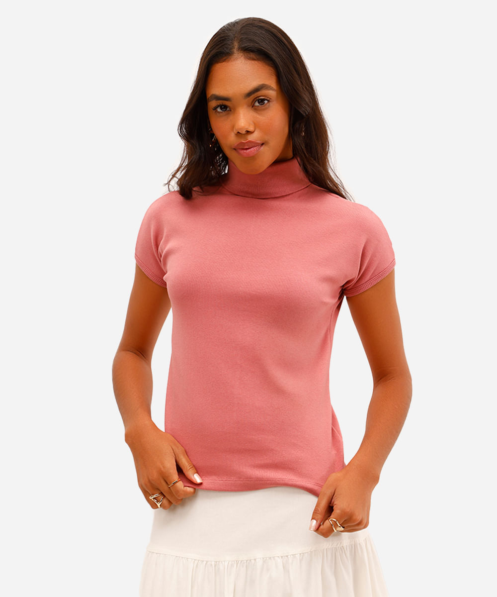 blusa feminina de algodão gola alta rosa
