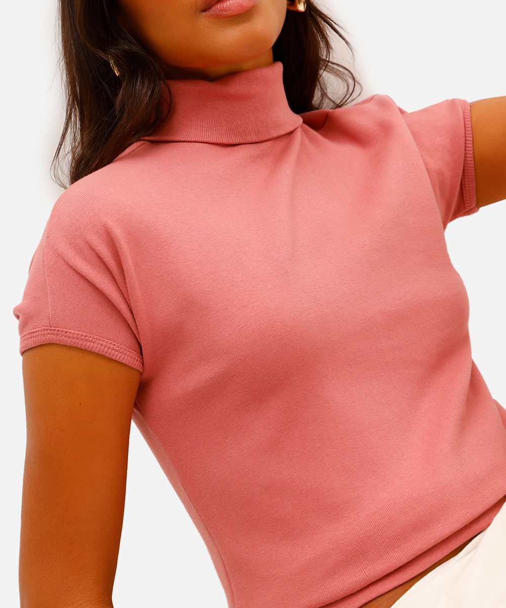 blusa feminina de algodão gola alta rosa