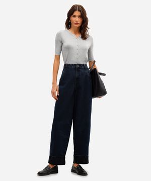 calça baggy feminina jeans com barra dobrada azul