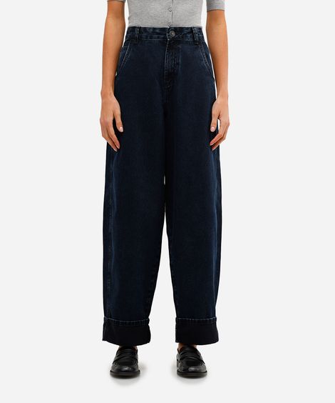 calça baggy feminina jeans com barra dobrada azul