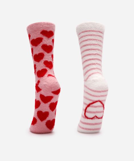 kit de 2 meias femininas cano alto coração e listrada colorida