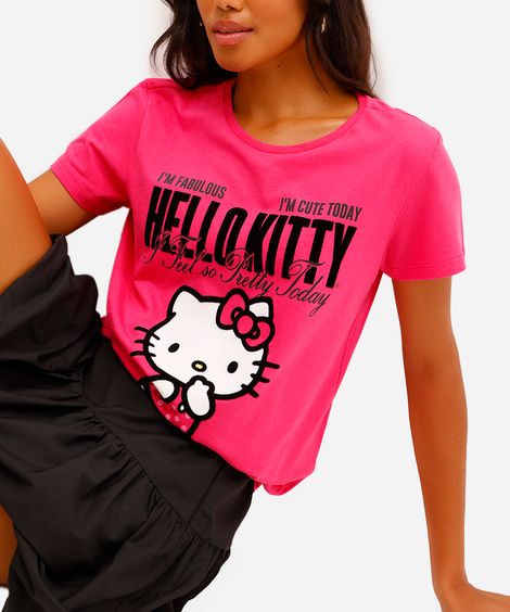 camiseta feminina de algodão hello kitty texturizada rosa
