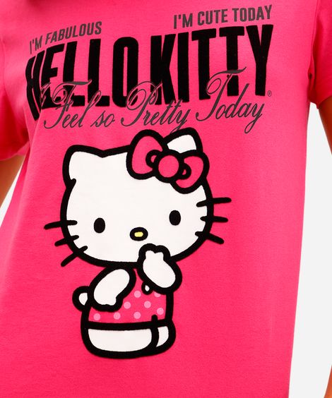 camiseta feminina de algodão hello kitty texturizada rosa