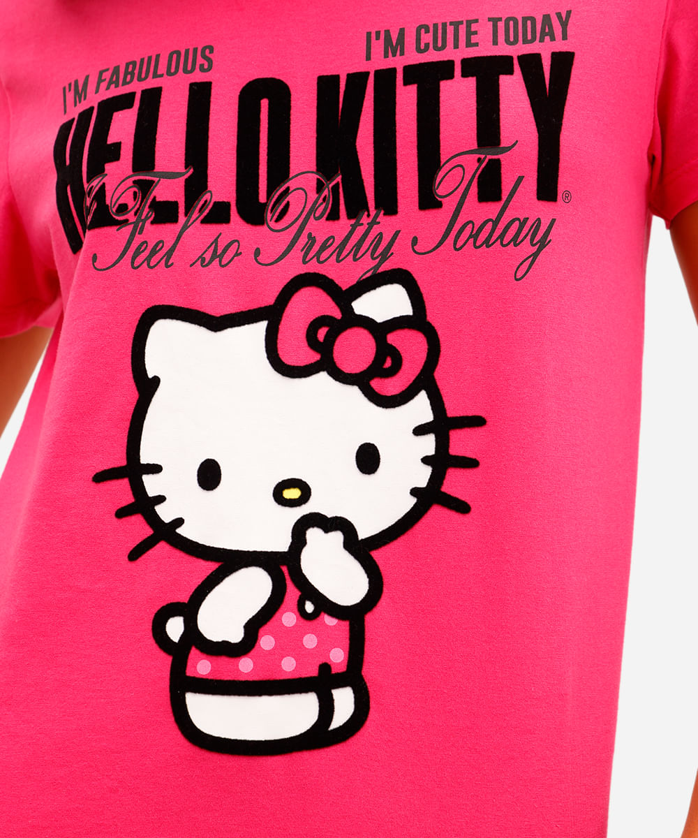camiseta feminina de algodão hello kitty texturizada rosa