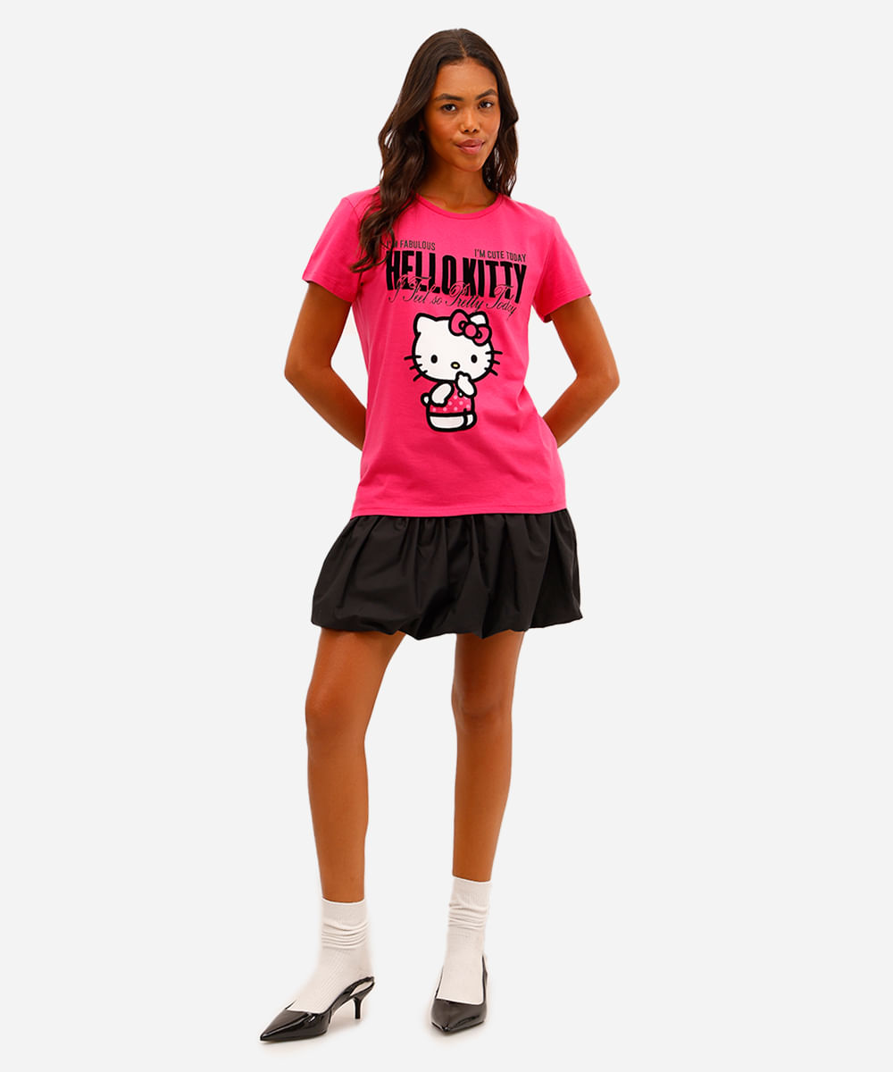 camiseta feminina de algodão hello kitty texturizada rosa