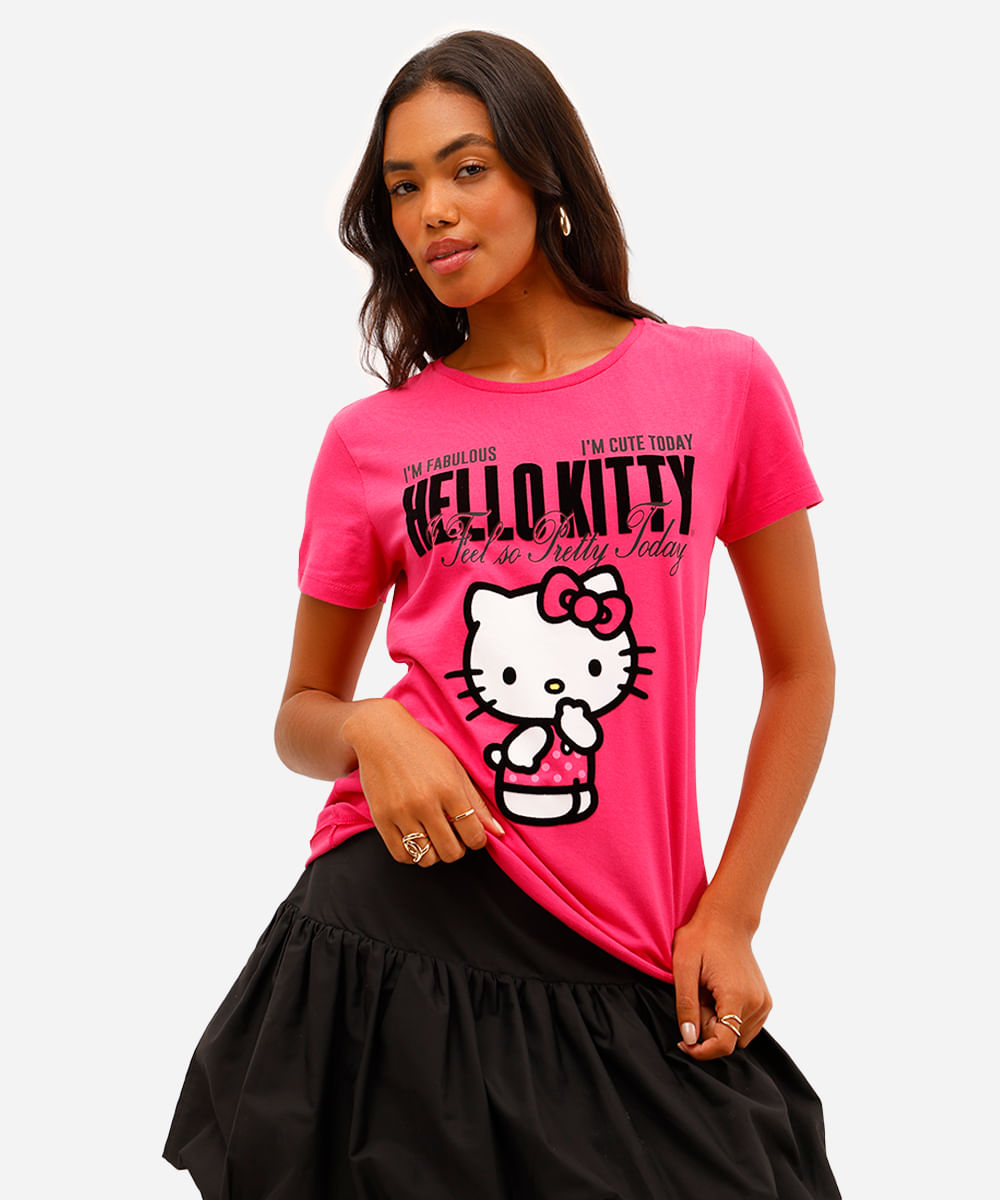 camiseta feminina de algodão hello kitty texturizada rosa