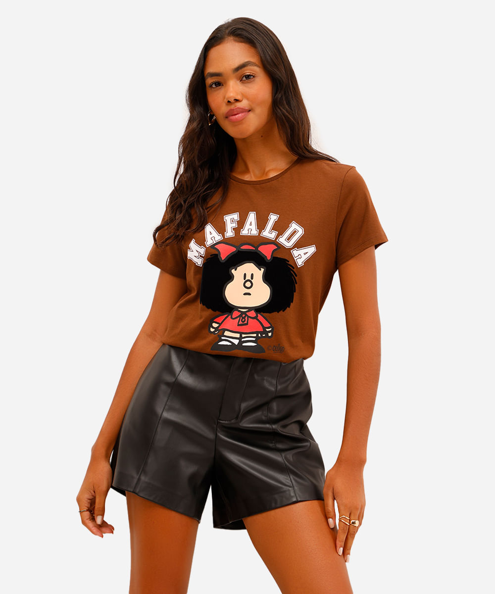camiseta feminina de algodão mafalda texturizada marrom