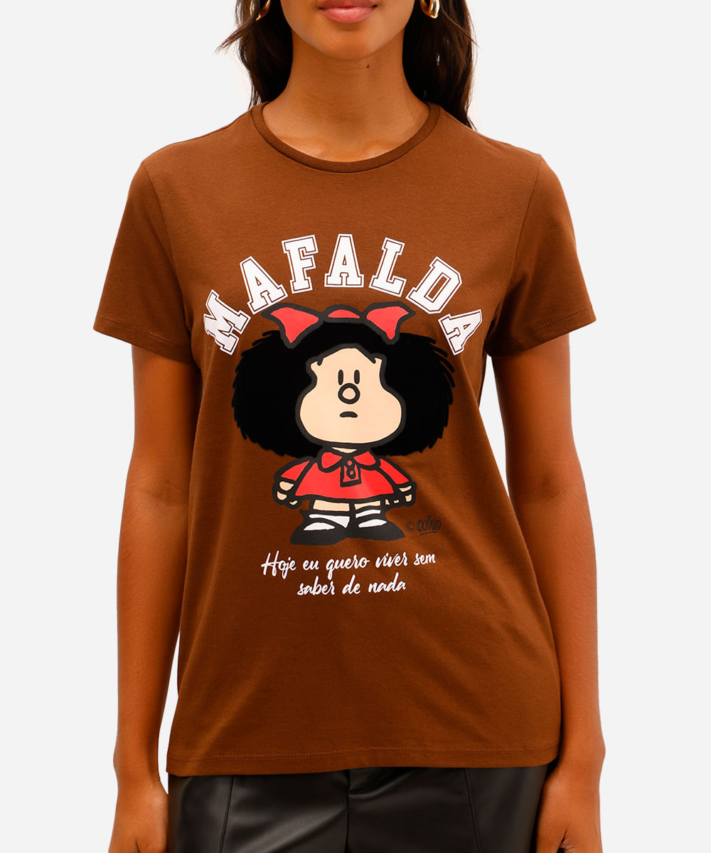 camiseta feminina de algodão mafalda texturizada marrom