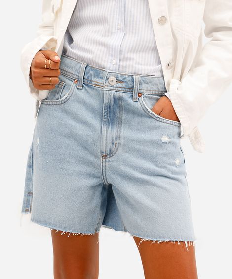 short mom feminino jeans com fendas azul
