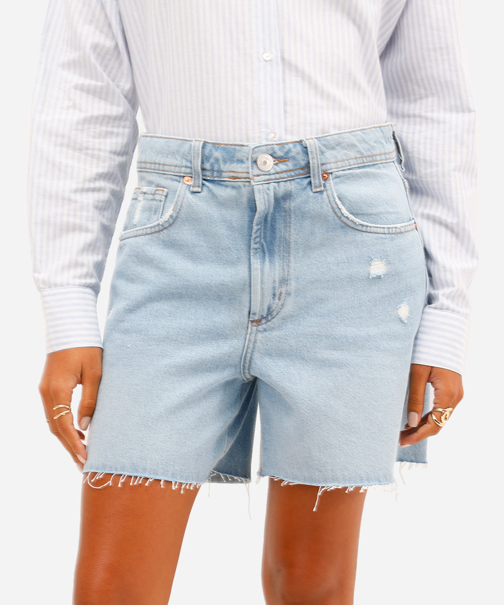 short mom feminino jeans com fendas azul