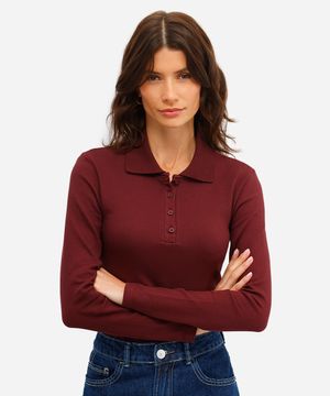 polo feminina de algodão manga longa canelada  vinho