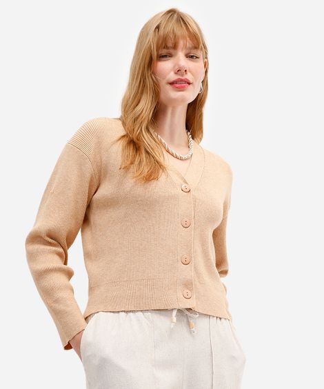 cardigan feminino canelado decote v bege