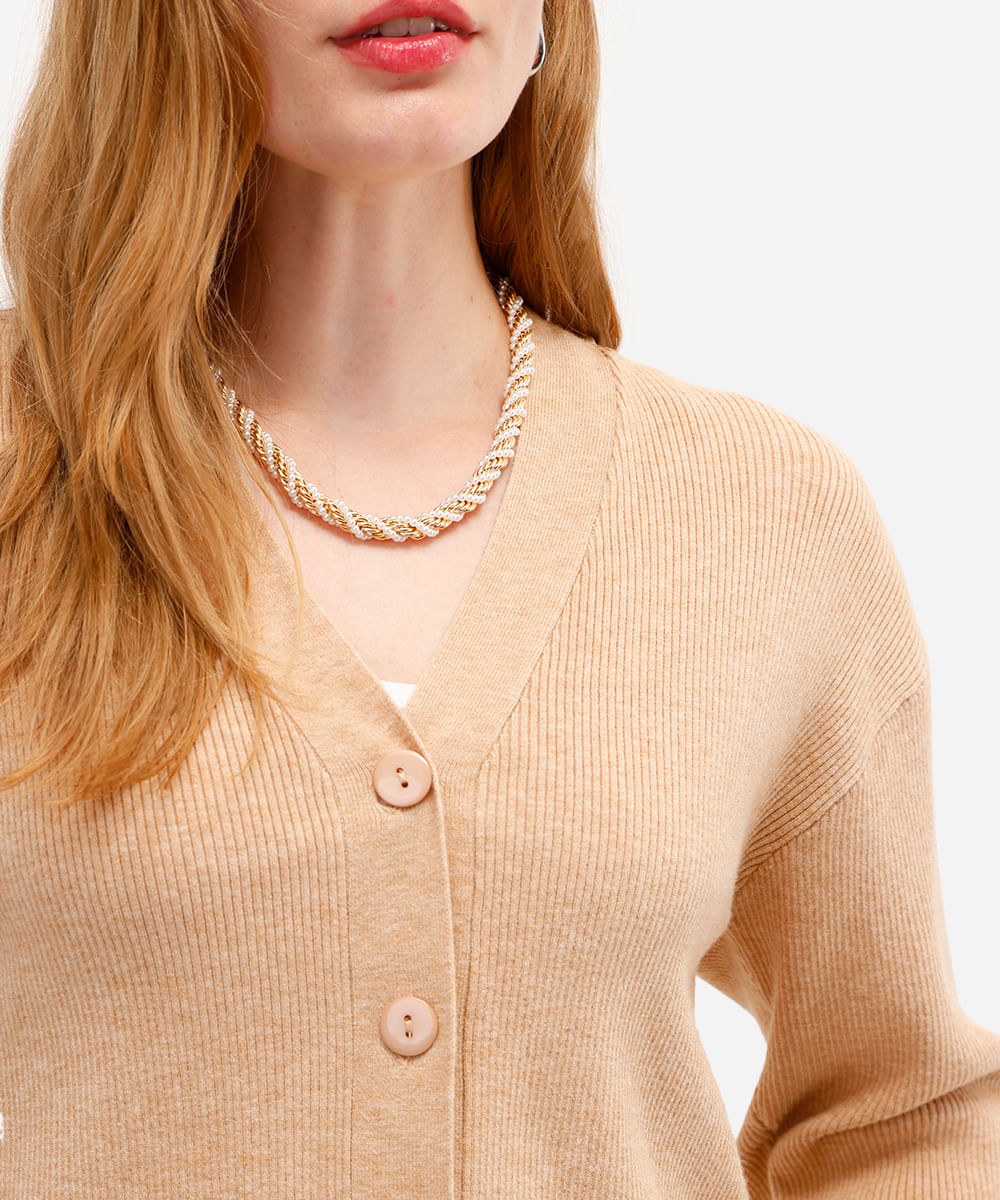 cardigan feminino canelado decote v bege