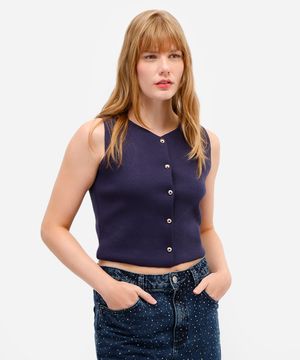 colete feminino de tricot com botões azul