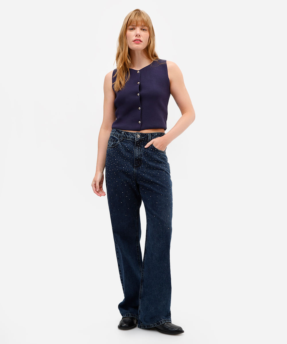 colete feminino de tricot com botões azul