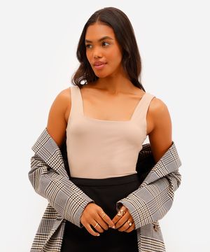 body feminino de poliamida decote quadrado bege
