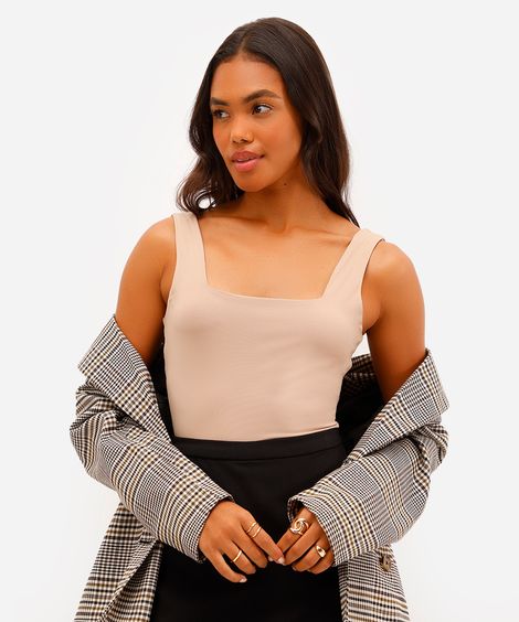 body feminino de poliamida decote quadrado bege