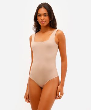 body feminino de poliamida decote quadrado bege