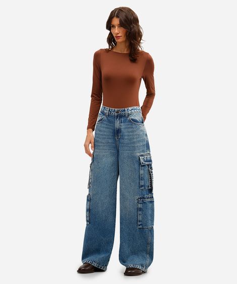 calça cargo feminina jeans cintura média azul