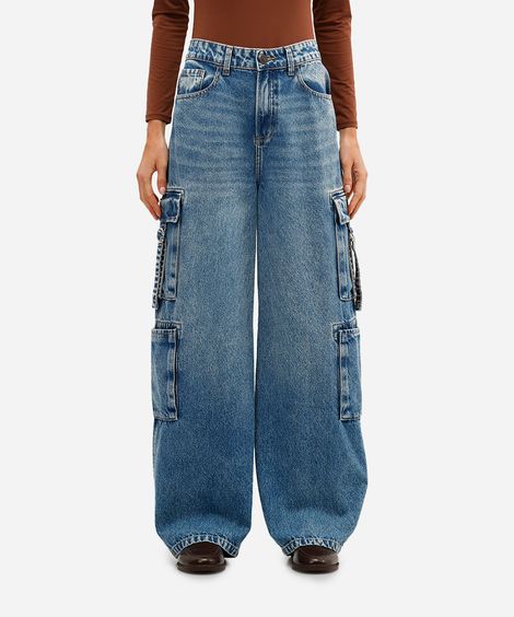 calça cargo feminina jeans cintura média azul