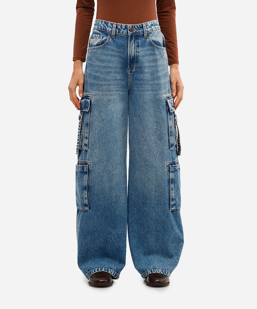 calça cargo feminina jeans cintura média azul