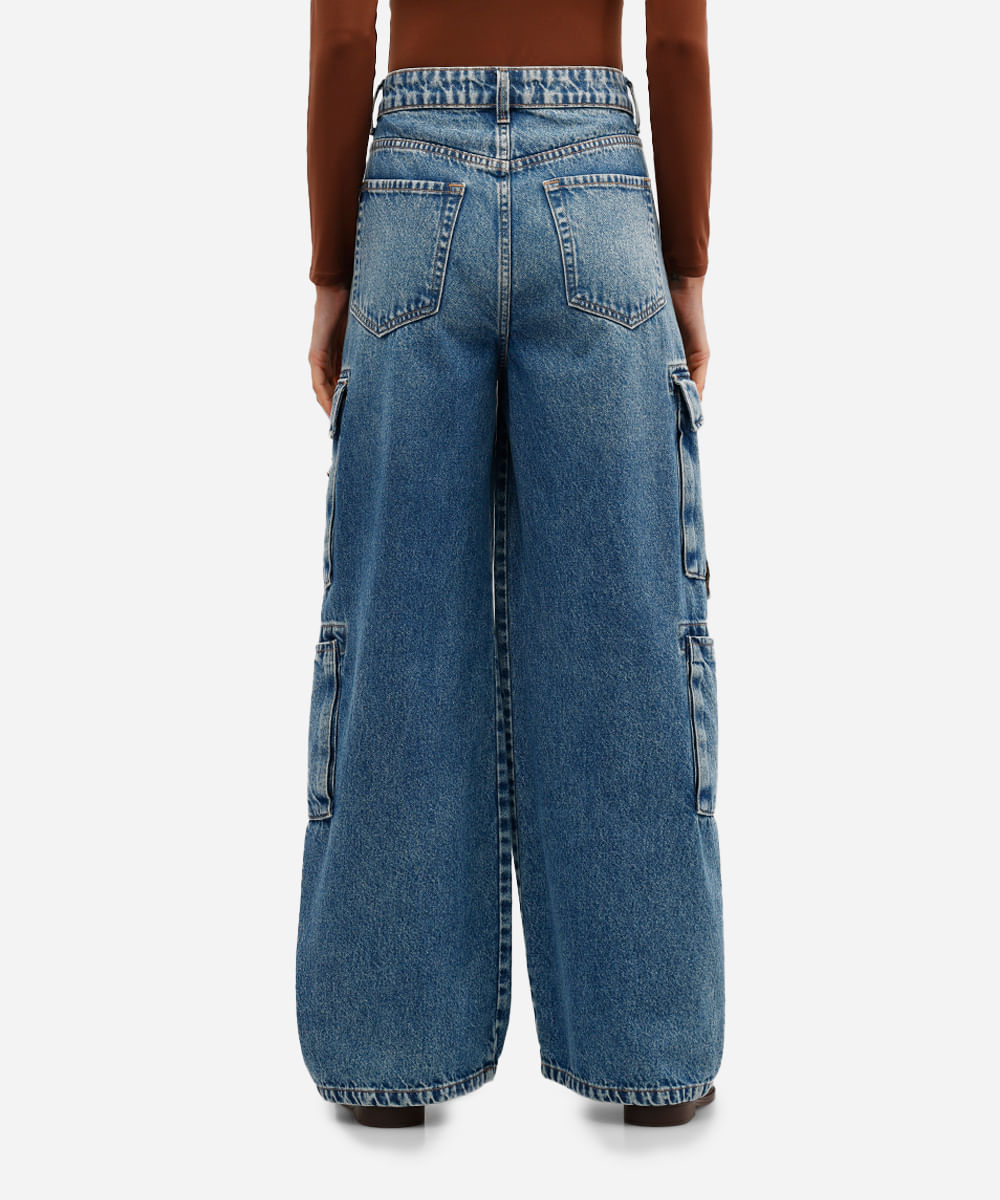 calça cargo feminina jeans cintura média azul