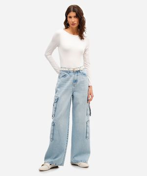 calça skater feminina jeans com bolso cargo azul