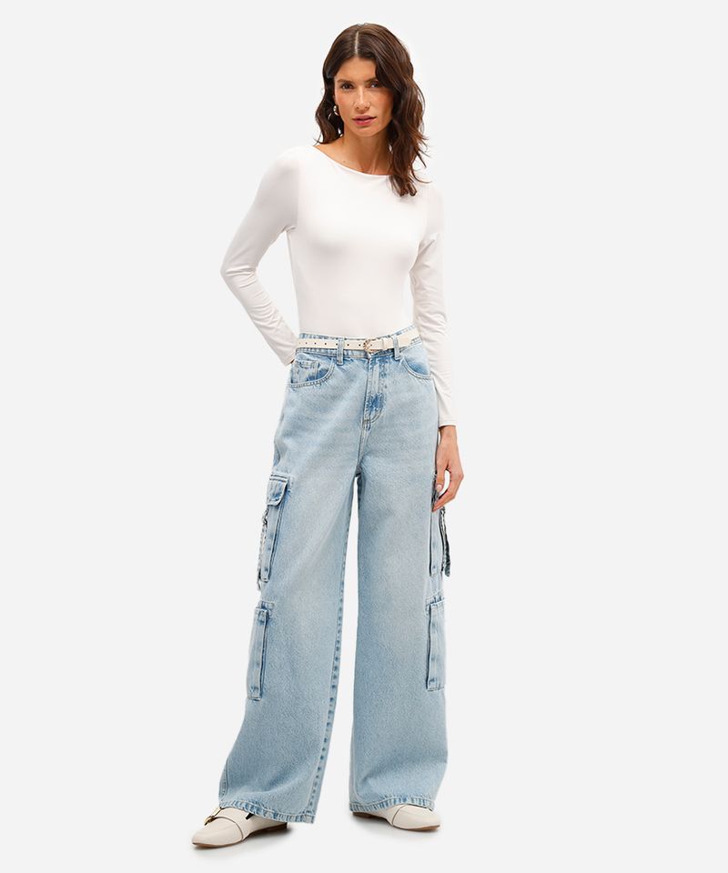 calça skater feminina jeans com bolso cargo azul