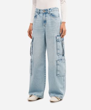 calça skater feminina jeans com bolso cargo azul